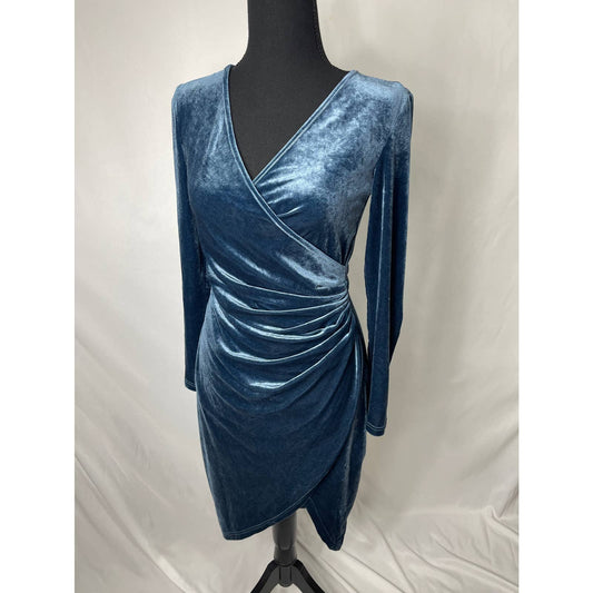 HuHot, blue velvet wrap longsleeve dress, women's small