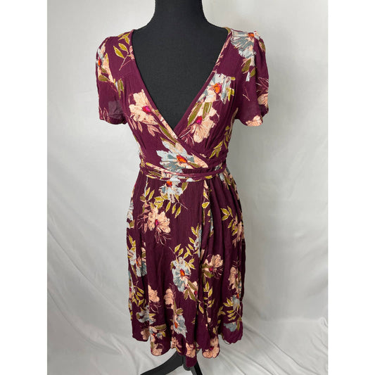 Patrons of Peace, maroon floral wrap dress, women's small